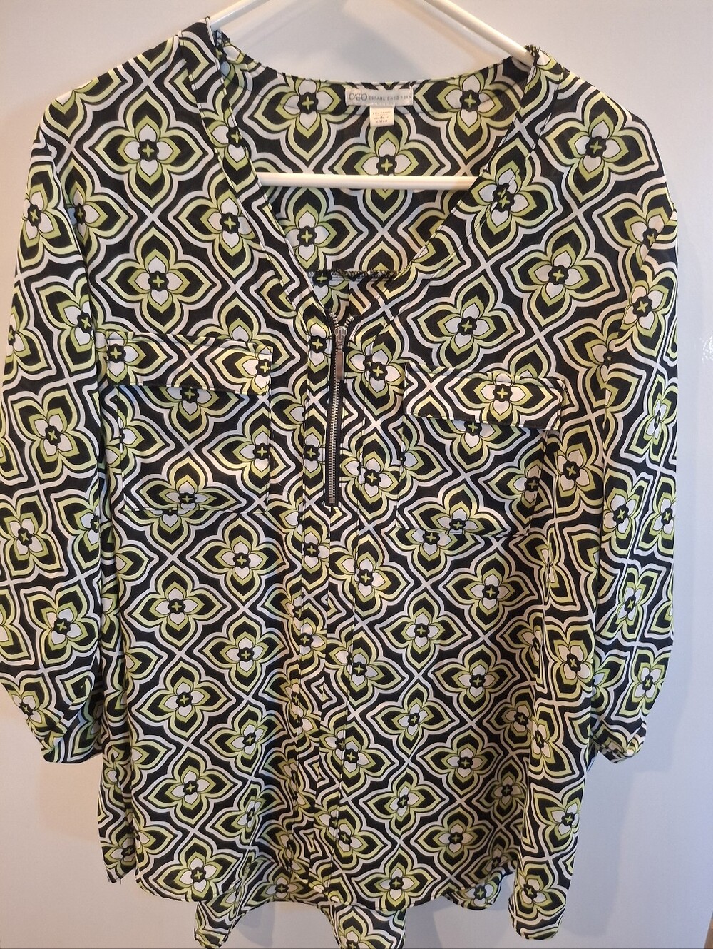 Chico's Geometric Zip-Front Tunic - Lime Green & Black